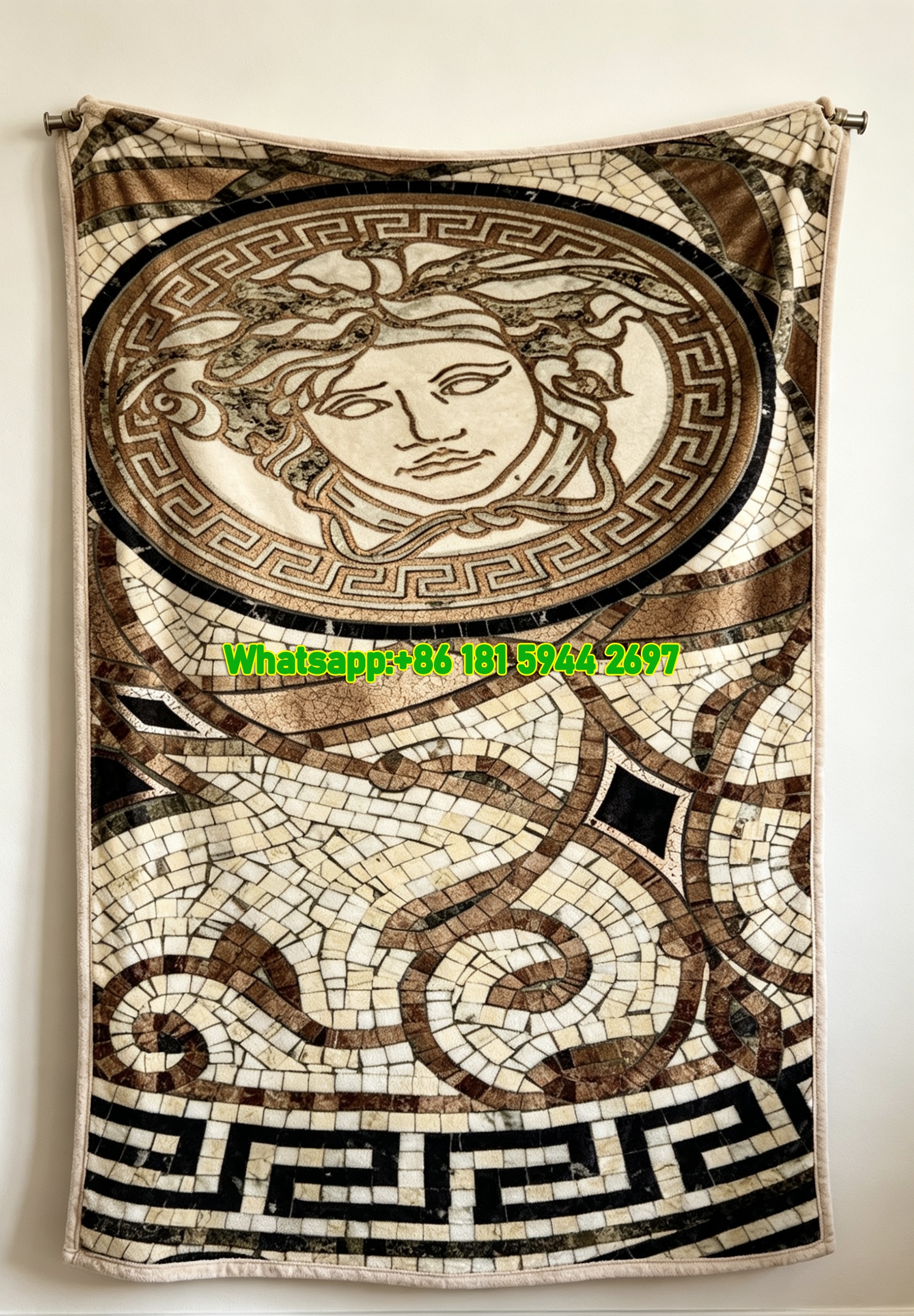 Beige Gold Versace Medusa Mosaic Printed Flannel Throw Blanket IMG_1394